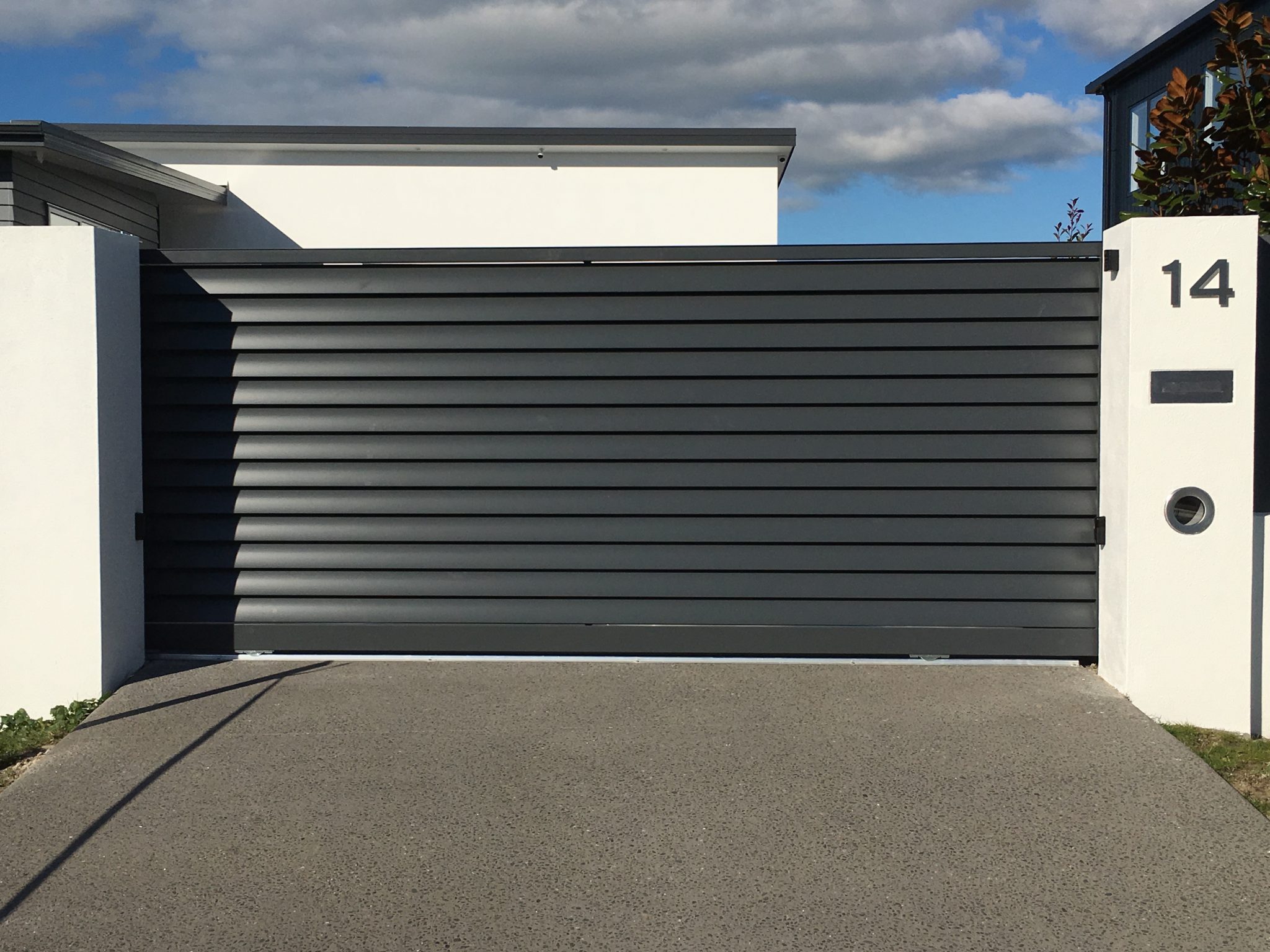 sliding gate brushed metal effect horizontal slats modern