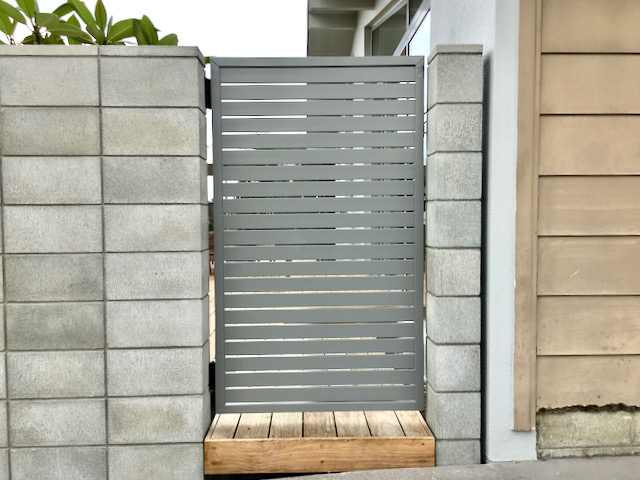 grey pedestrian garden wall gate for home horizontal slats in grey
