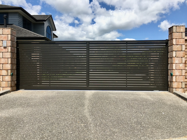 black horizontal slat sliding gate in black